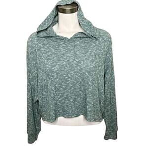 American Eagle XS Green Ribbed Knit Hooded Long Sleeve Cropped Sweater Top